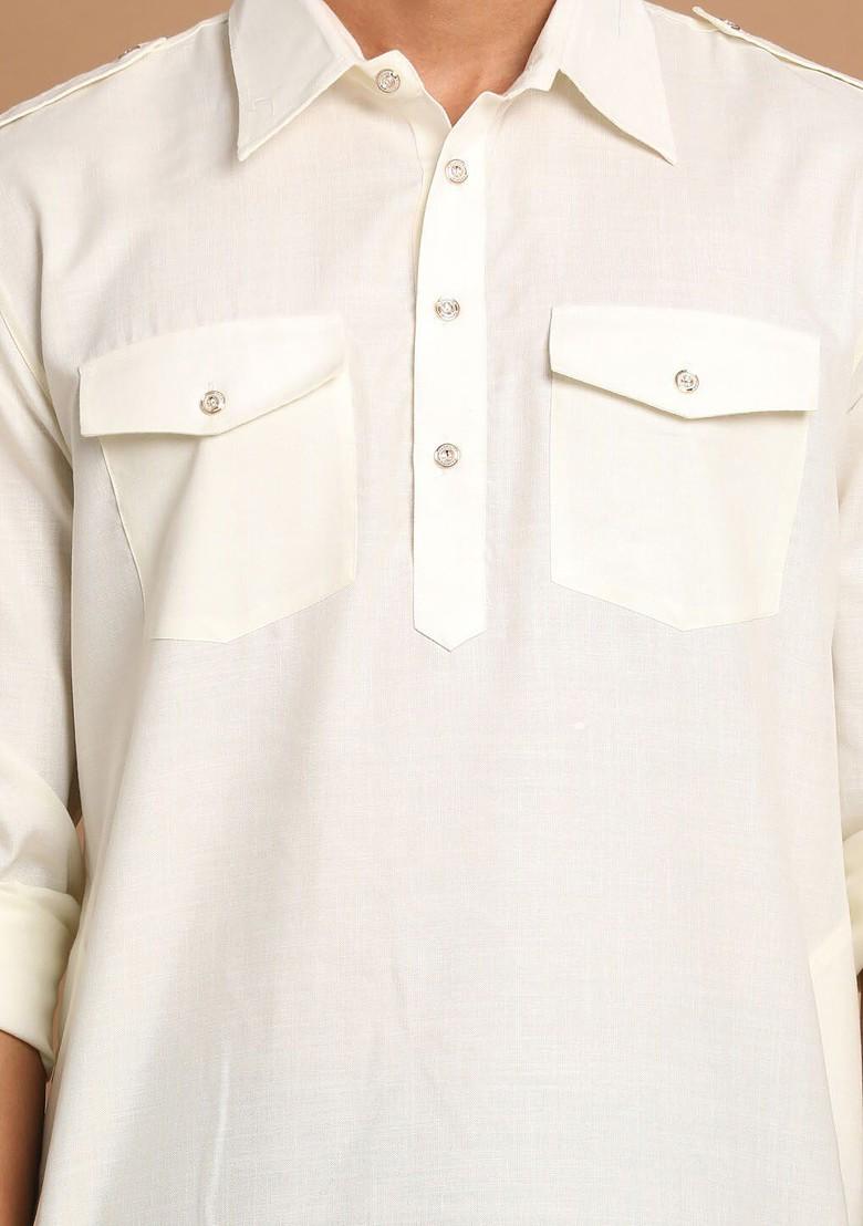 Cream Solid Pathani Kurta Set For Men