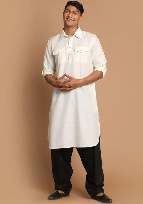 Cream Solid Pathani Kurta Set For Men — view on Indya