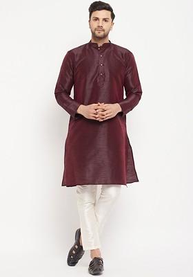 Burgundy Solid Poly Blend Kurta Set For Men
