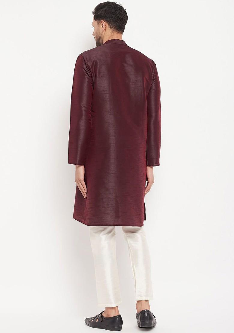 Burgundy Solid Poly Blend Kurta Set For Men