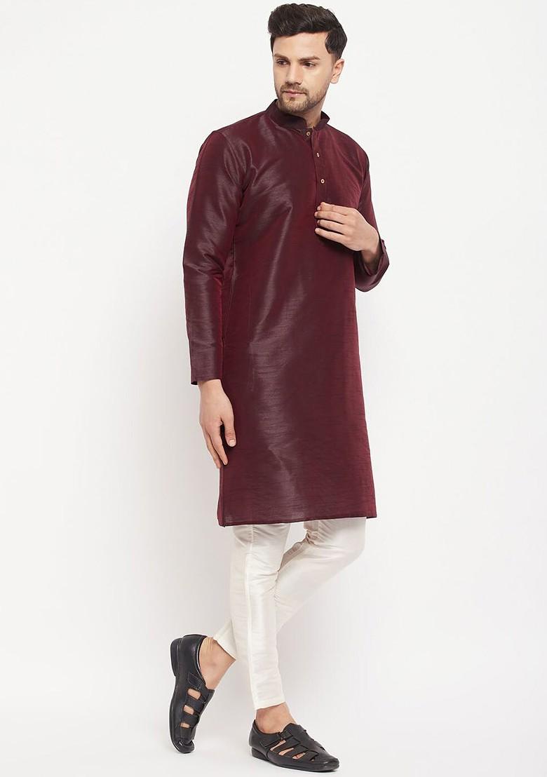 Burgundy Solid Poly Blend Kurta Set For Men