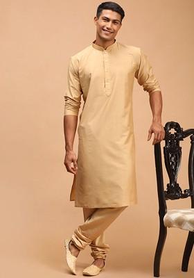 Rose Gold Solid Poly Blend Kurta Set For Men