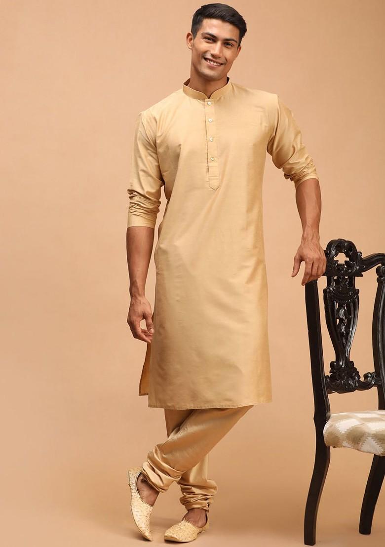 Rose Gold Solid Poly Blend Kurta Set For Men