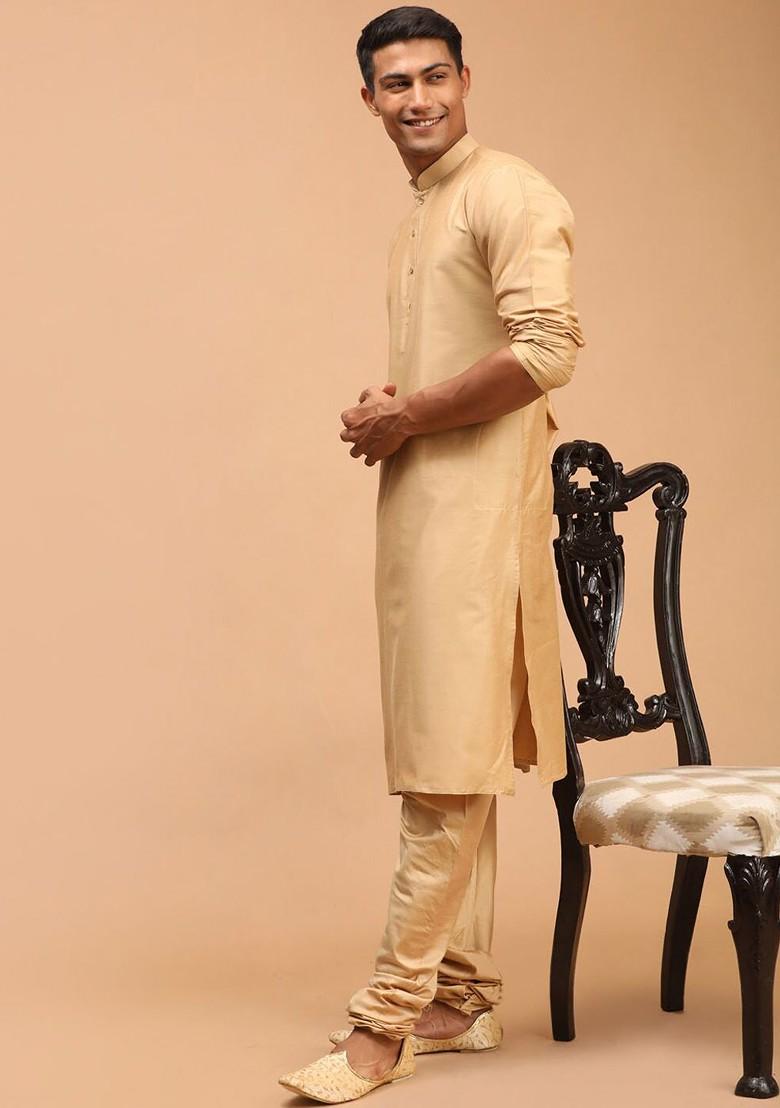 Rose Gold Solid Poly Blend Kurta Set For Men
