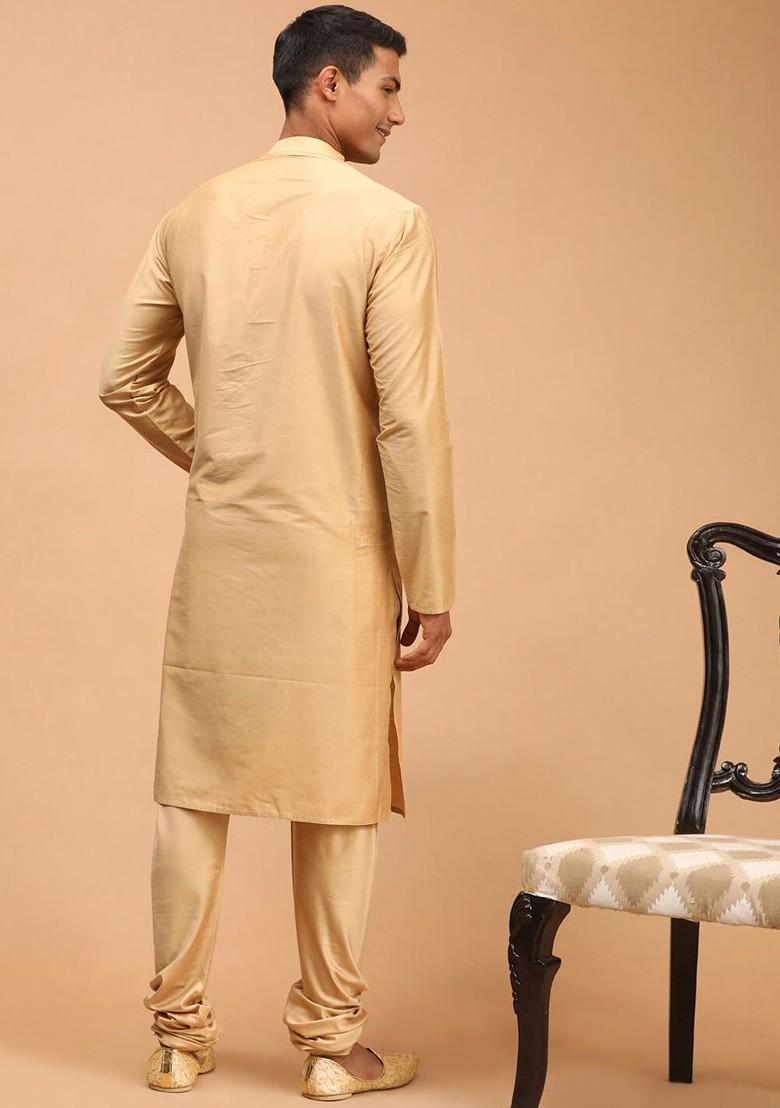Rose Gold Solid Poly Blend Kurta Set For Men