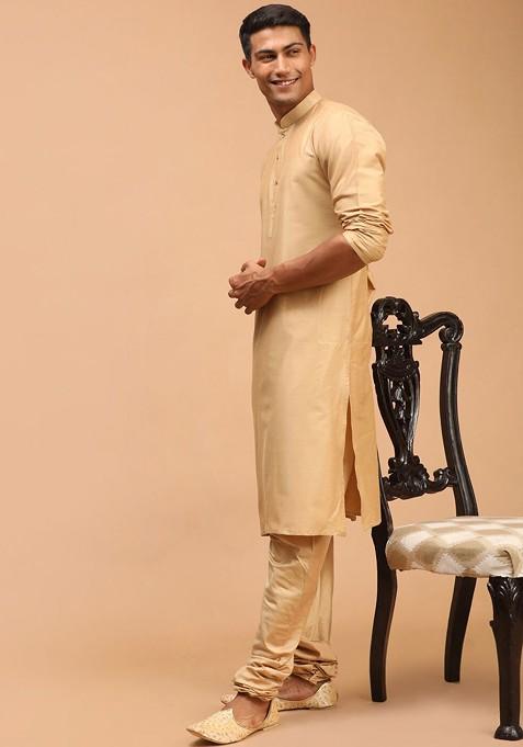 Rose Gold Solid Poly Blend Kurta Set For Men