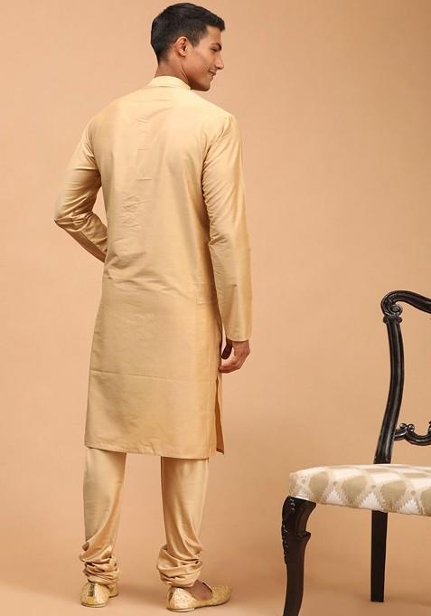 Rose Gold Solid Poly Blend Kurta Set For Men