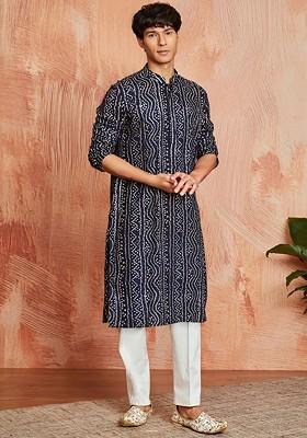 Navy Blue Bandhani Print Poly Blend Kurta Set For Men