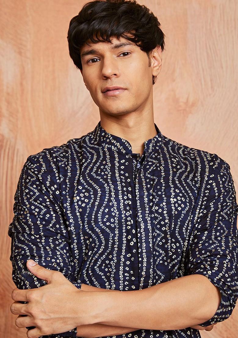 Navy Blue Bandhani Print Poly Blend Kurta Set For Men