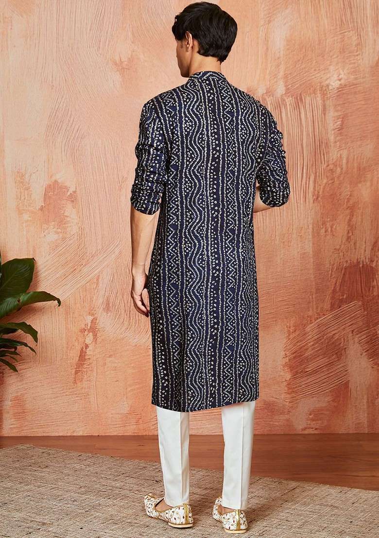 Navy Blue Bandhani Print Poly Blend Kurta Set For Men - Indya