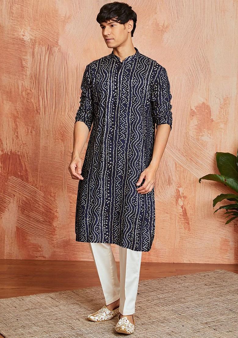 Navy Blue Bandhani Print Poly Blend Kurta Set For Men