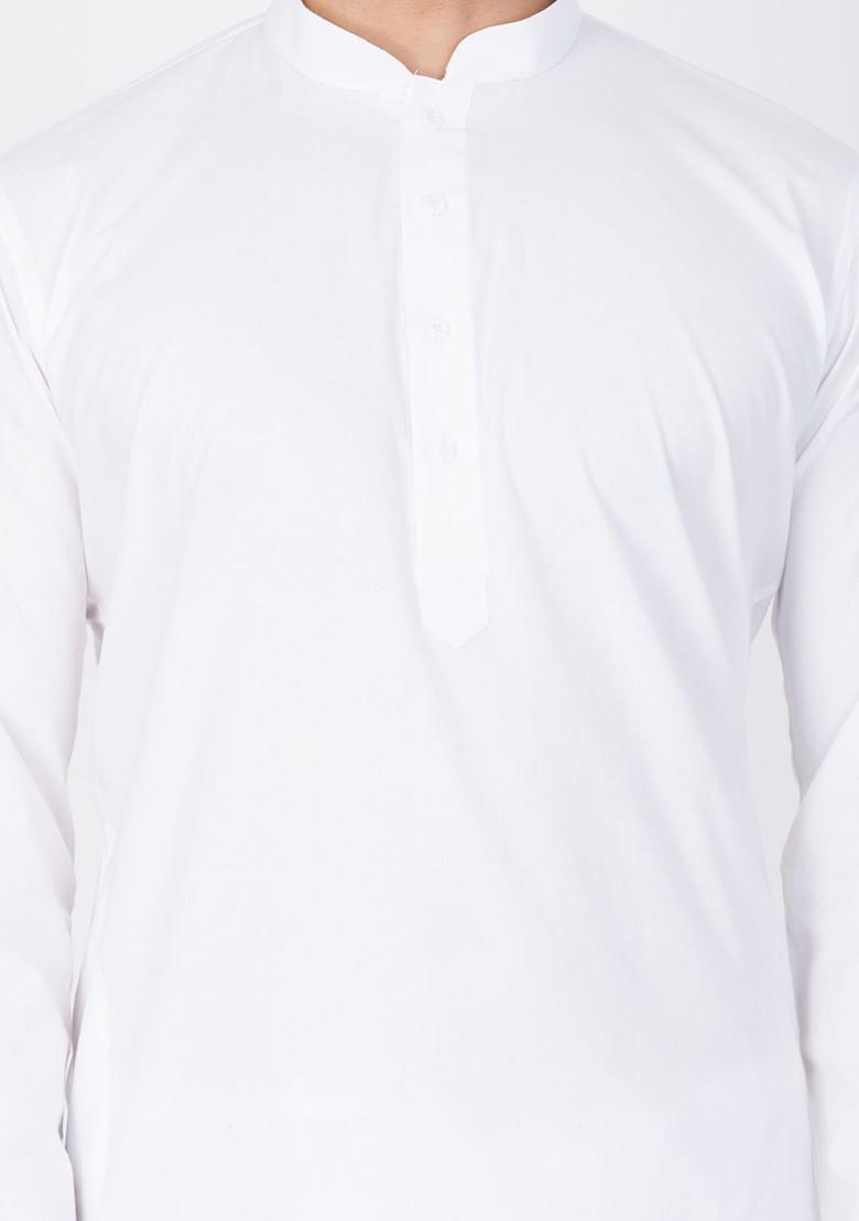 White Solid Poly Blend Kurta Set For Men