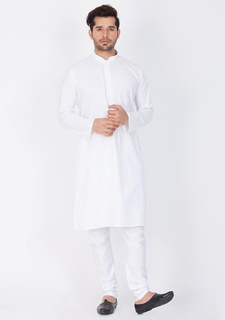 White Solid Poly Blend Kurta Set For Men