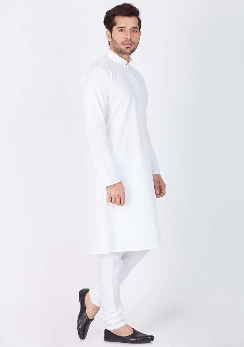 White Solid Poly Blend Kurta Set For Men