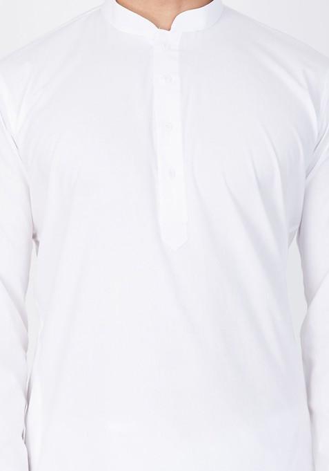 White Solid Poly Blend Kurta Set For Men