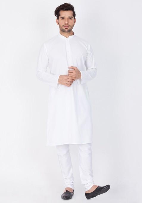 White Solid Poly Blend Kurta Set For Men
