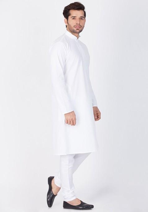 White Solid Poly Blend Kurta Set For Men