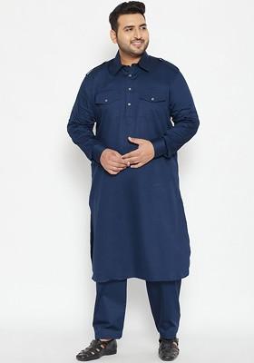 Blue Solid Pathani Kurta Set For Men