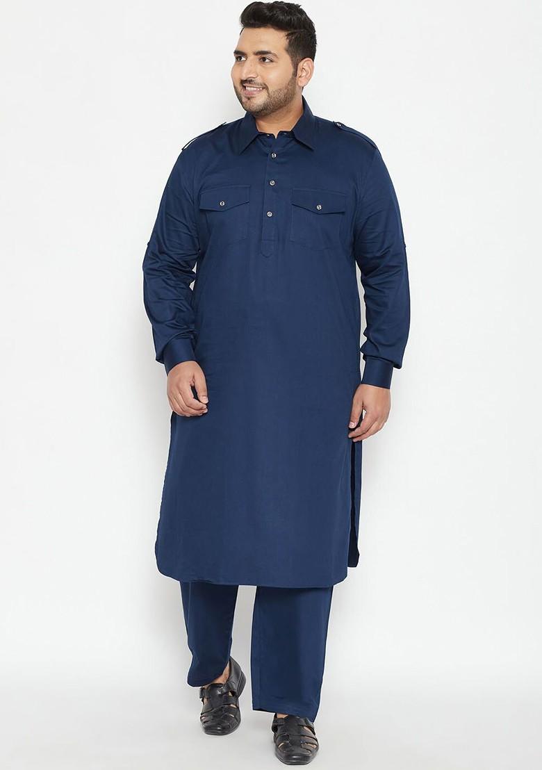 Blue Solid Pathani Kurta Set For Men