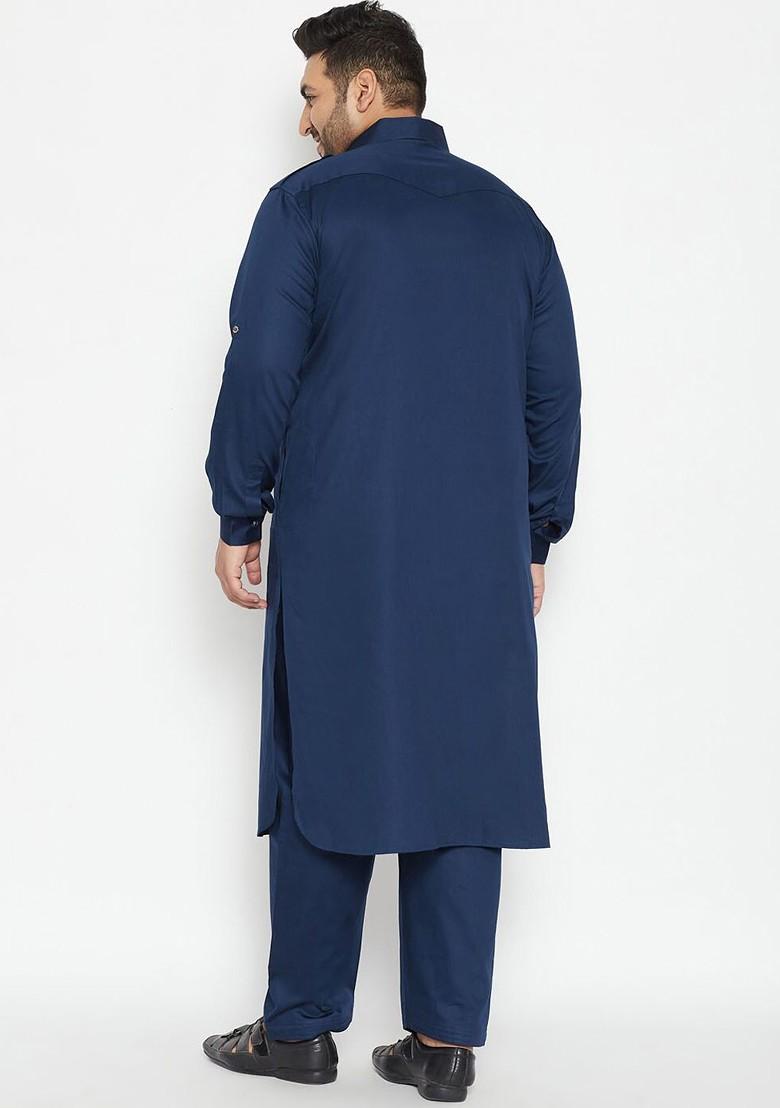 Blue Solid Pathani Kurta Set For Men