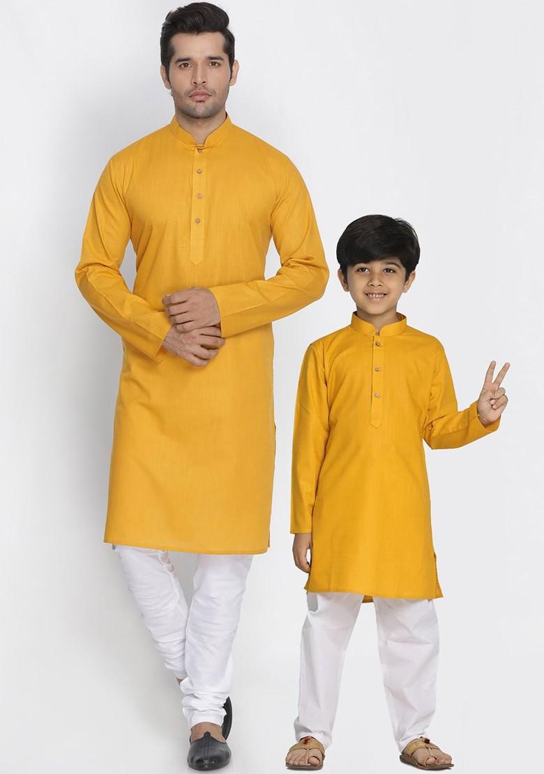 Yellow Solid Poly Blend Kurta Set For Men