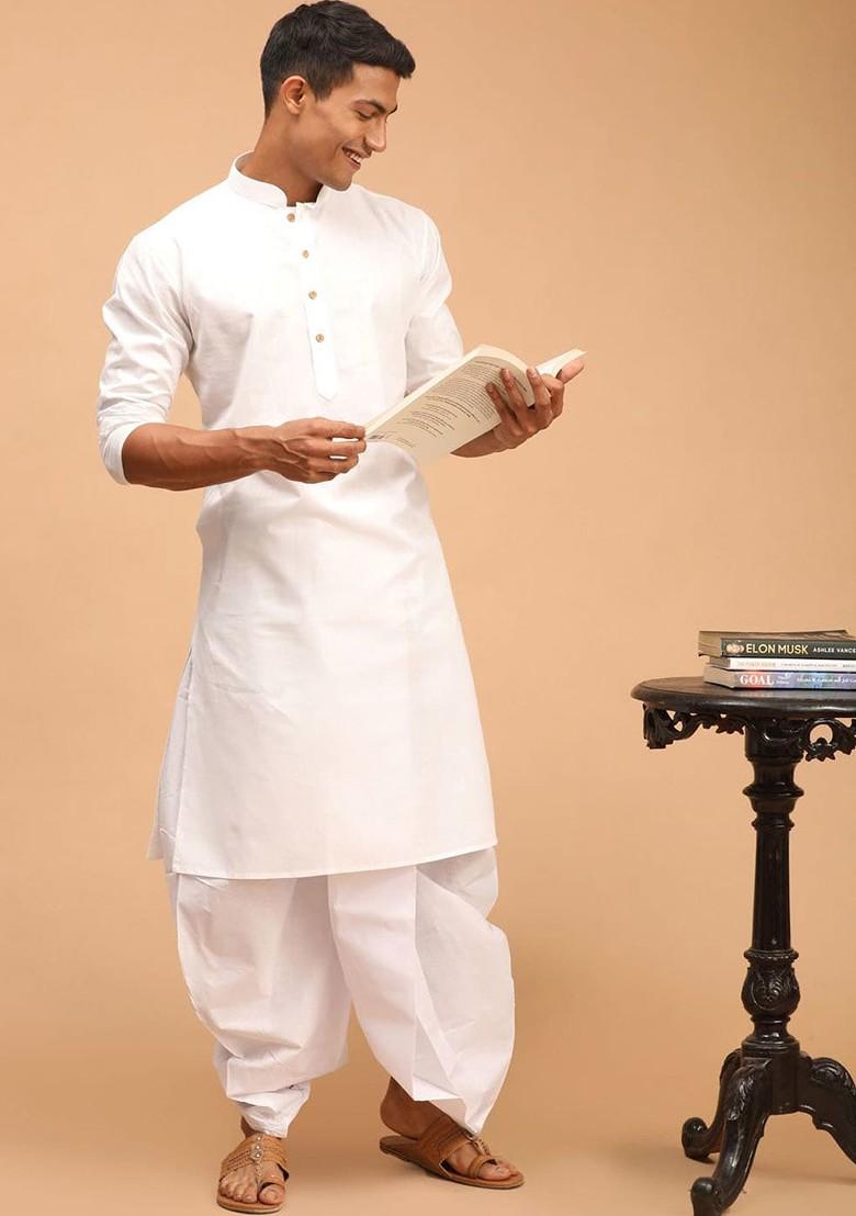 White Solid Poly Blend Kurta Set For Men