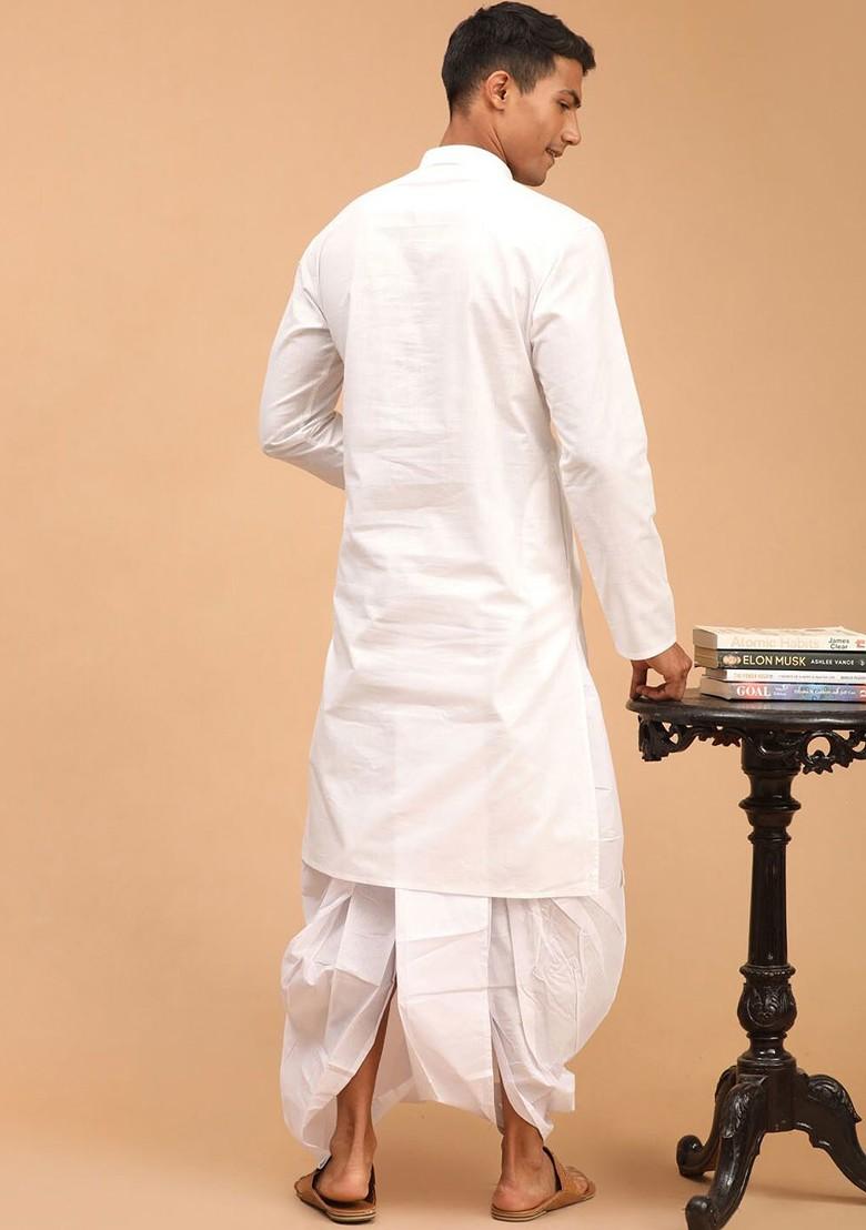 White Solid Poly Blend Kurta Set For Men