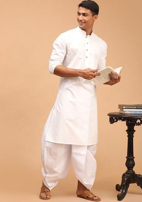 White Solid Poly Blend Kurta Set For Men