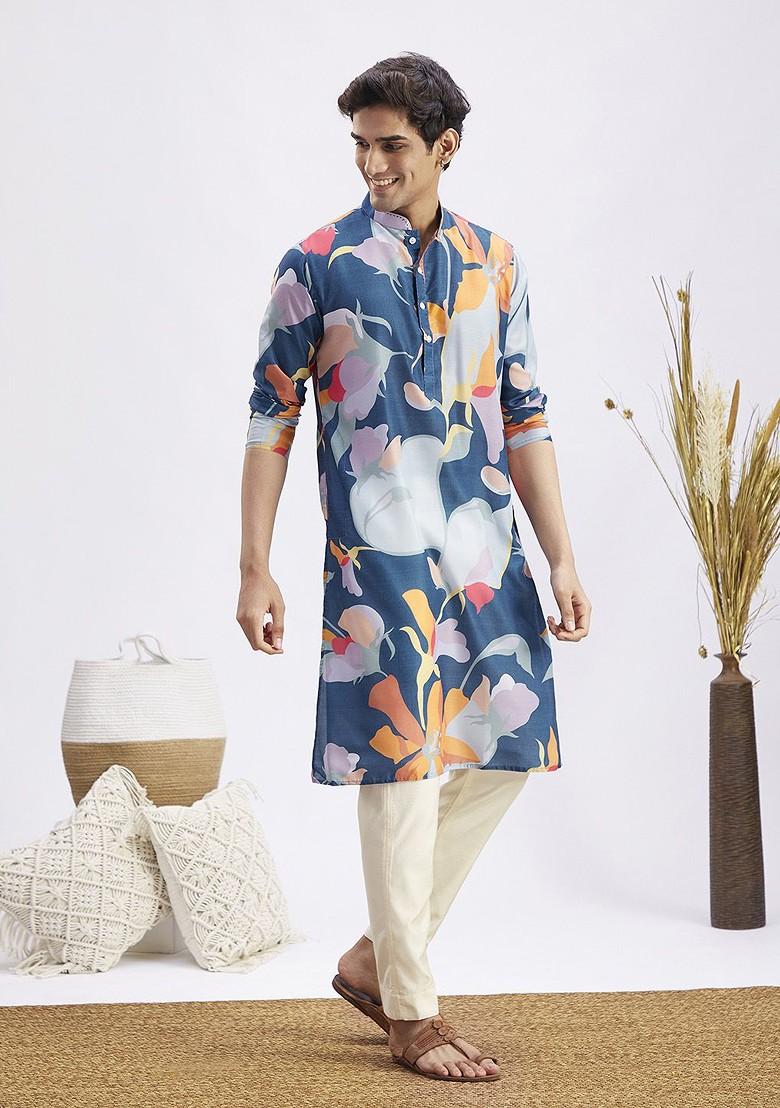 Blue Floral Print Poly Blend Kurta Set For Men
