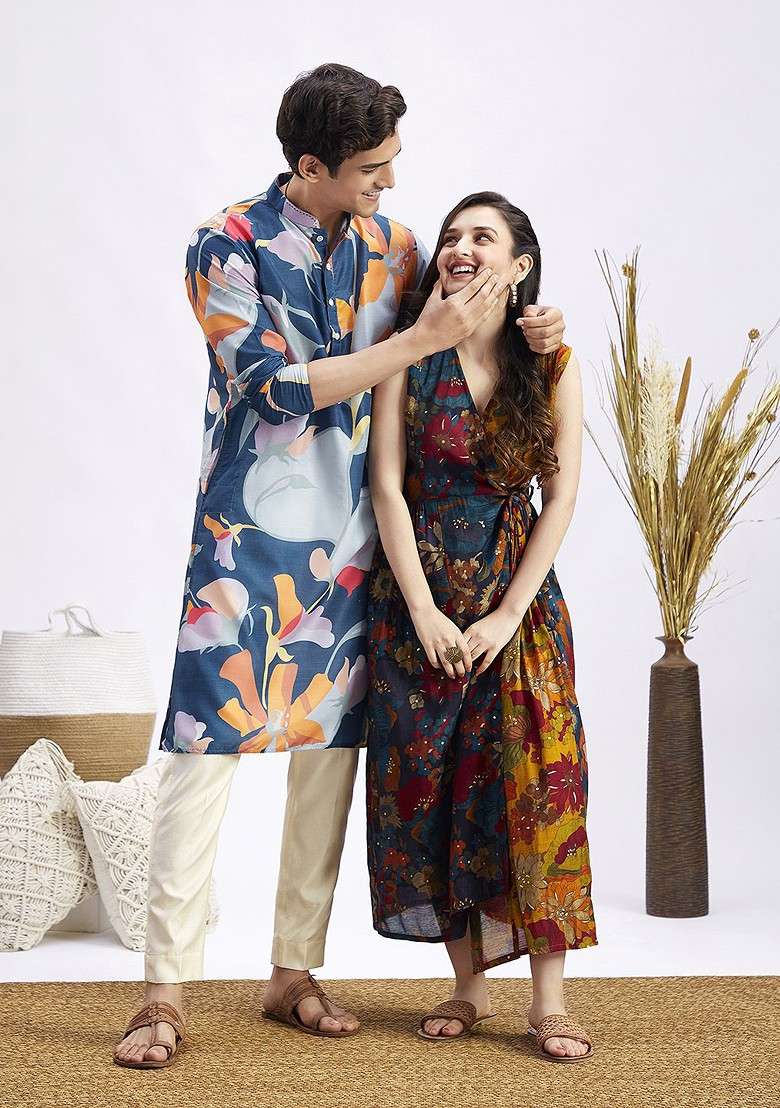 Blue Floral Print Poly Blend Kurta Set For Men - Indya
