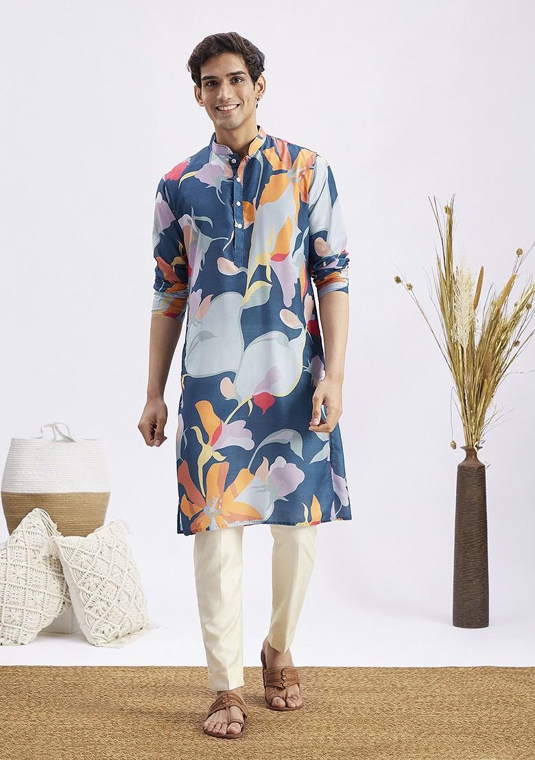 Blue Floral Print Poly Blend Kurta Set For Men