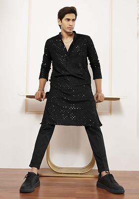 Black Embroidered Poly Blend Kurta Set For Men