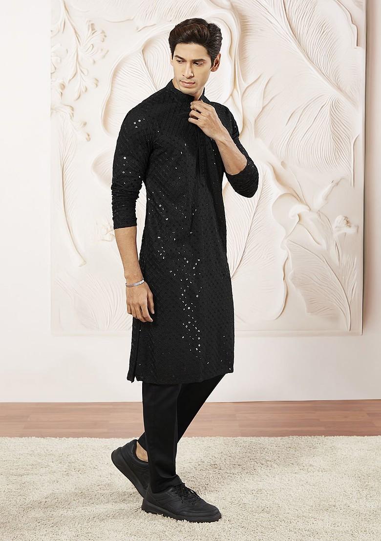 Black Embroidered Poly Blend Kurta Set For Men