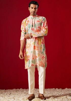 Orange Floral Print Poly Blend Kurta Set For Men