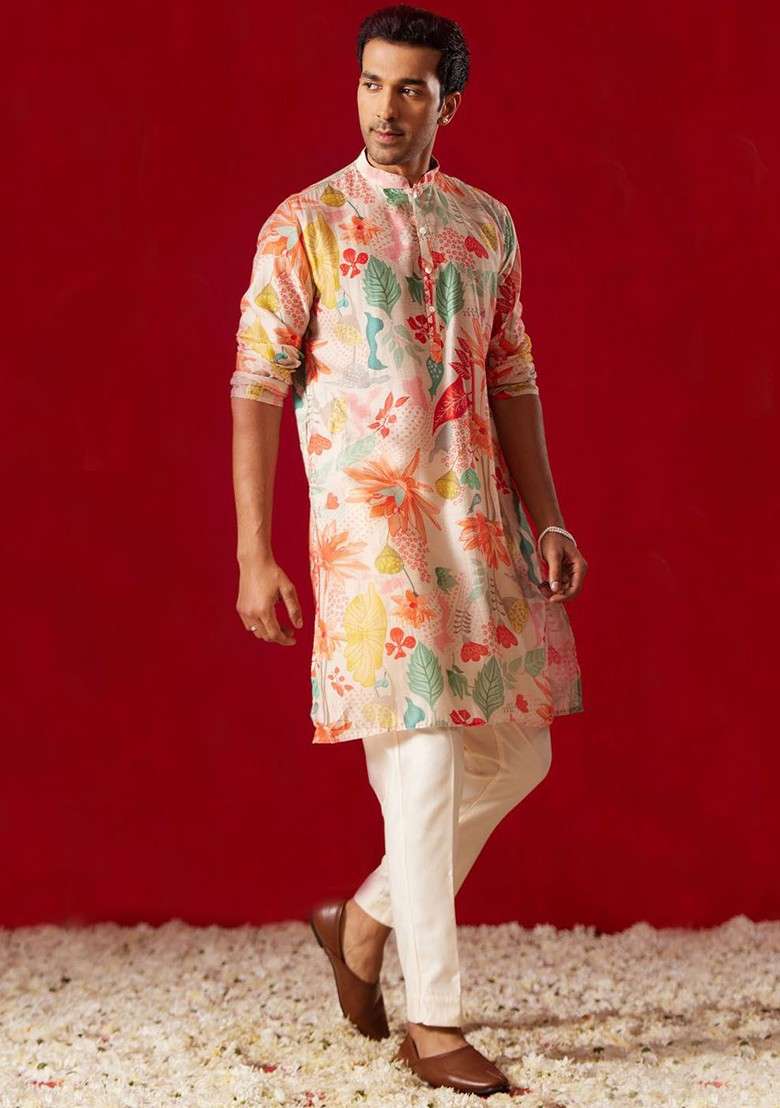 Orange Floral Print Poly Blend Kurta Set For Men - Indya