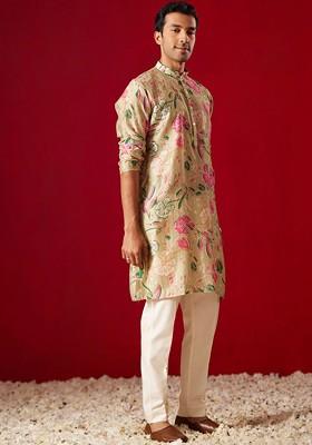 Beige Floral Print Poly Blend Kurta Set For Men