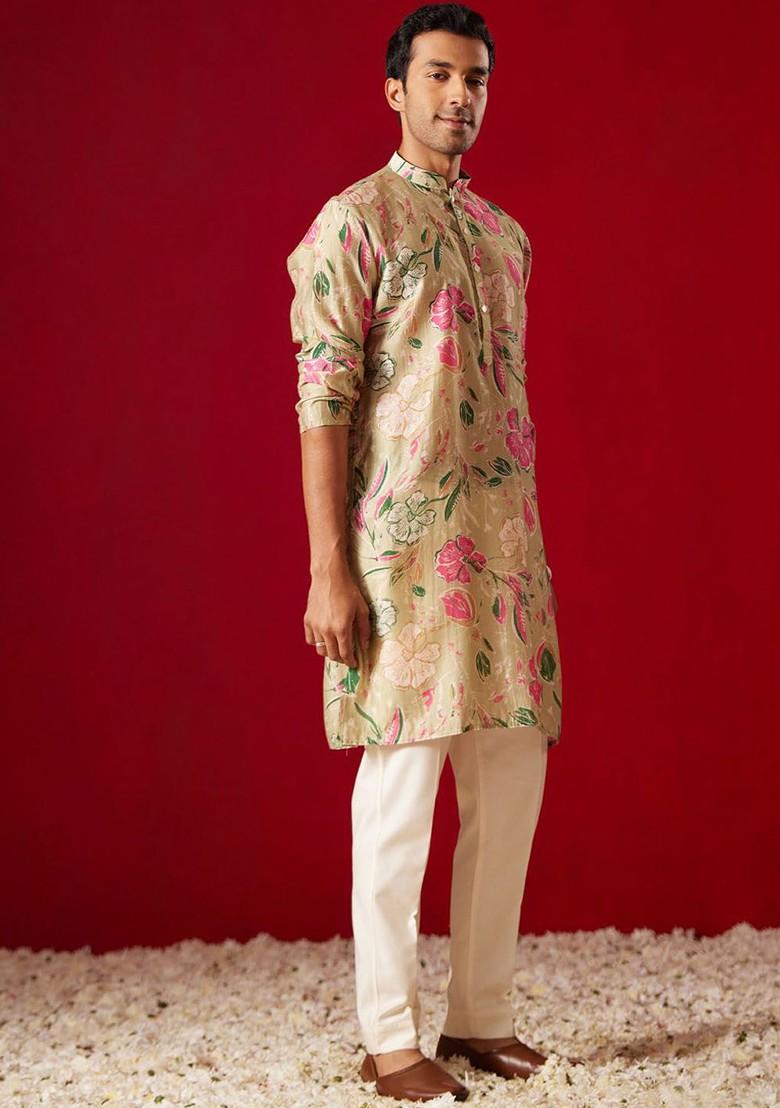 Beige Floral Print Poly Blend Kurta Set For Men