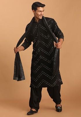 Black Embroidered Poly Blend Kurta Set For Men