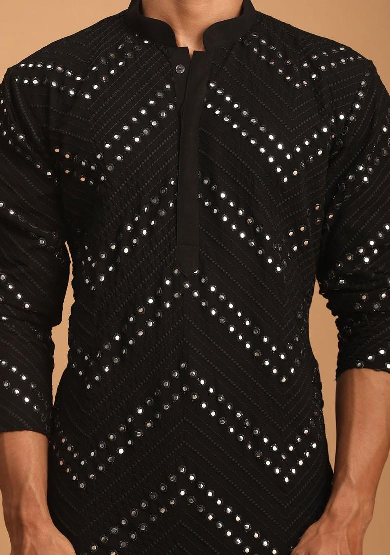 Black Embroidered Poly Blend Kurta Set For Men