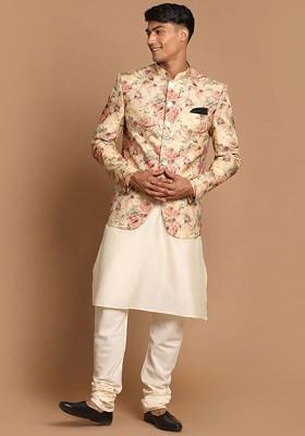 Cream Printed Poly Blend Kurta Set For Men