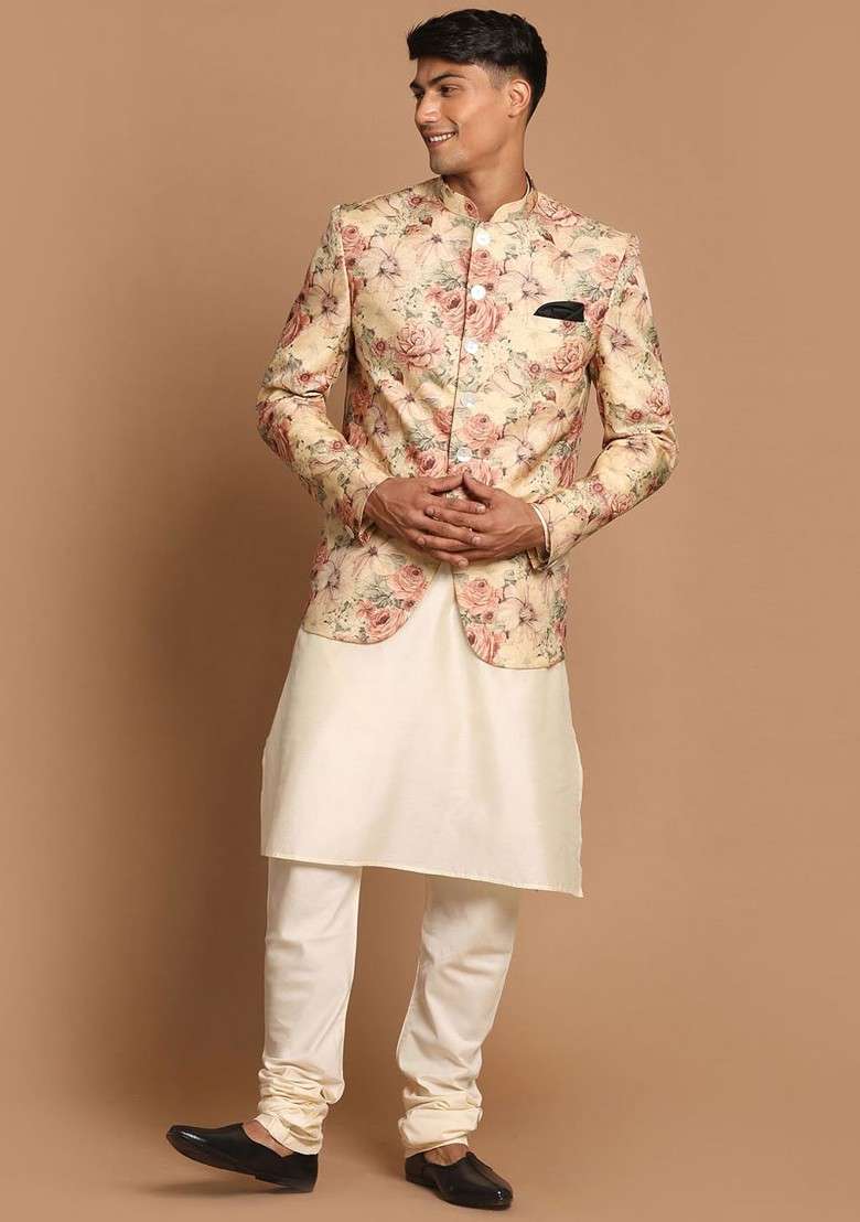 Cream Printed Poly Blend Kurta Set For Men - Indya