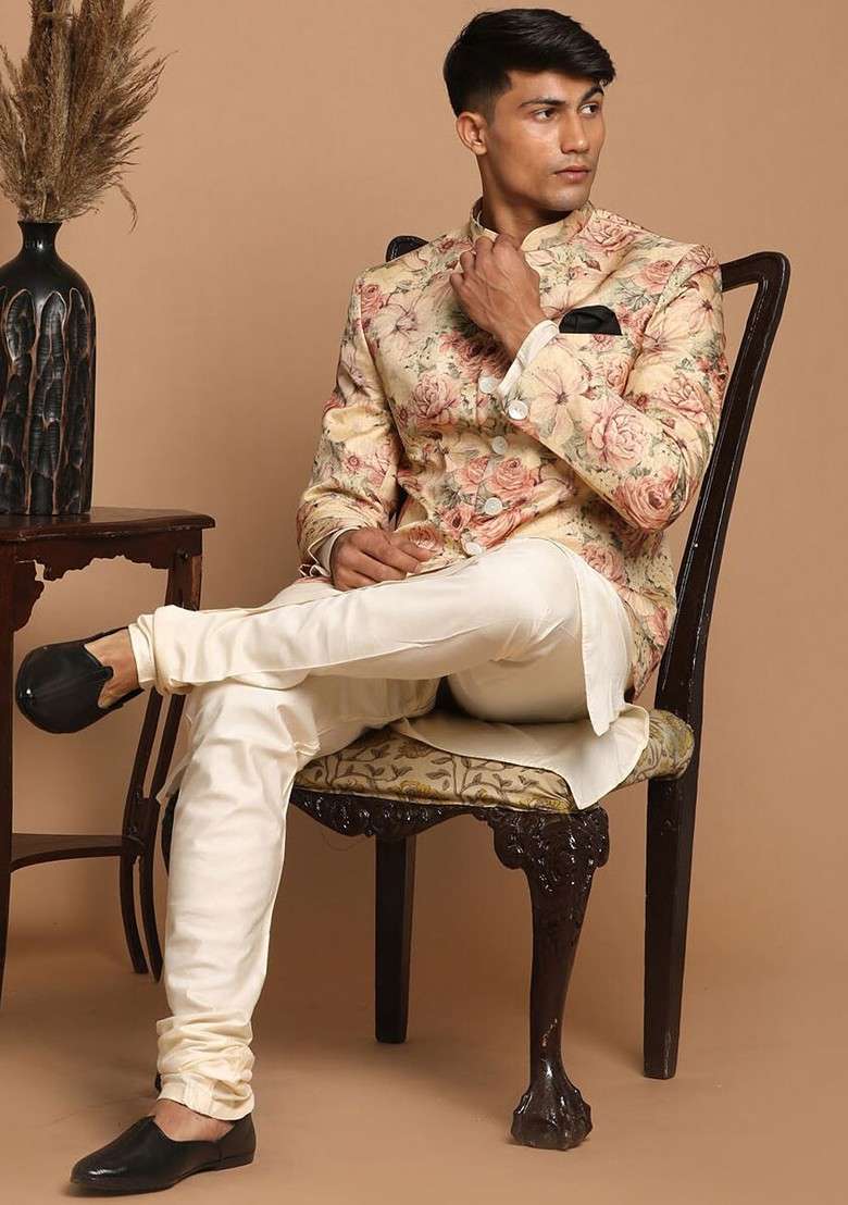 Cream Printed Poly Blend Kurta Set For Men - Indya