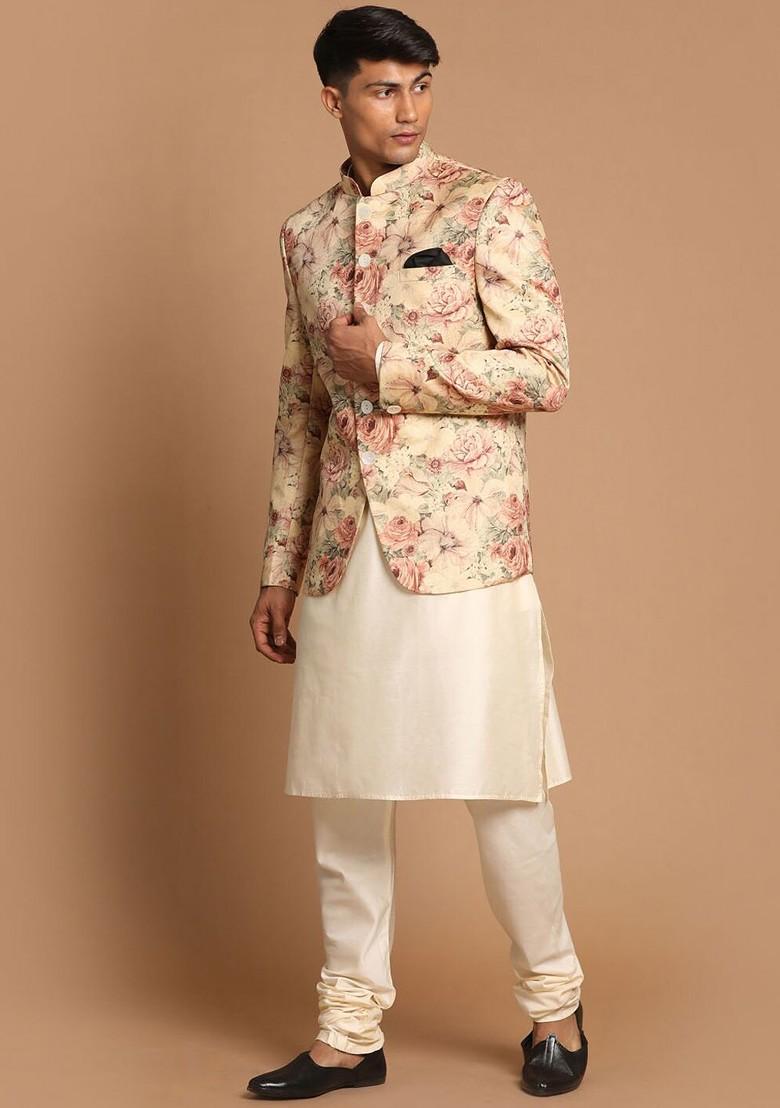 Cream Printed Poly Blend Kurta Set For Men