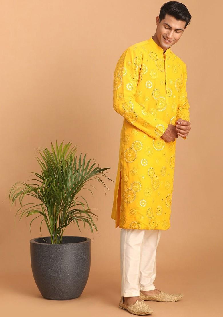 Yellow Ethnic Motifs Poly Blend Kurta Set For Men