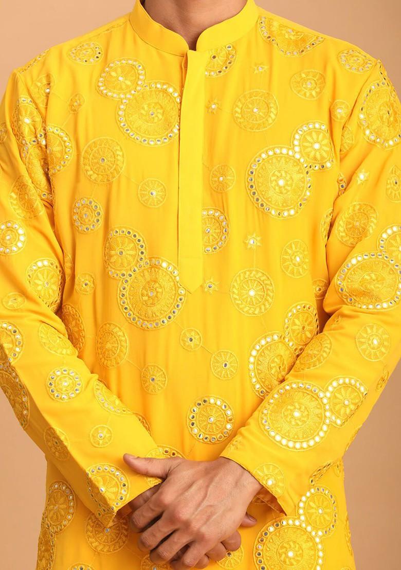Yellow Ethnic Motifs Poly Blend Kurta Set For Men