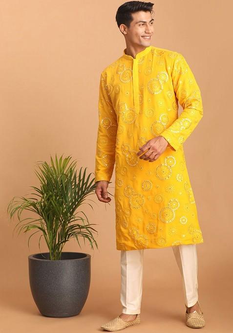 Yellow Ethnic Motifs Poly Blend Kurta Set For Men