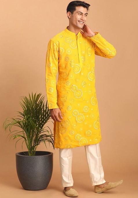 Yellow Ethnic Motifs Poly Blend Kurta Set For Men