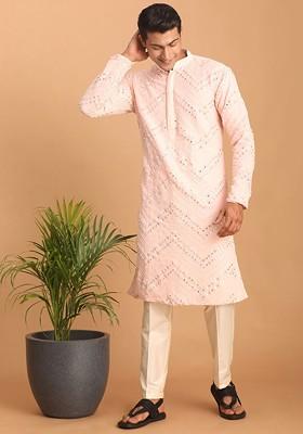 Pink Embroidered Poly Blend Kurta Set For Men