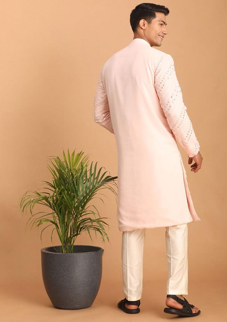 Pink Embroidered Poly Blend Kurta Set For Men