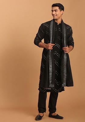 Black Embroidered Poly Blend Kurta Set For Men